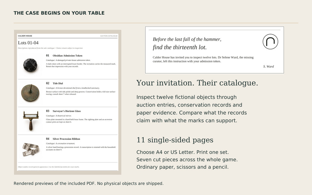 Rendered excerpts of the included invitation and auction catalogue PDF. Print one 11-page A4 or US Letter set and cut seven pieces.