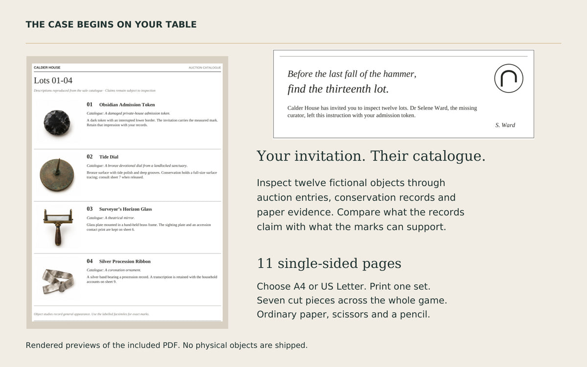 Rendered excerpts of the included invitation and auction catalogue PDF. Print one 11-page A4 or US Letter set and cut seven pieces.