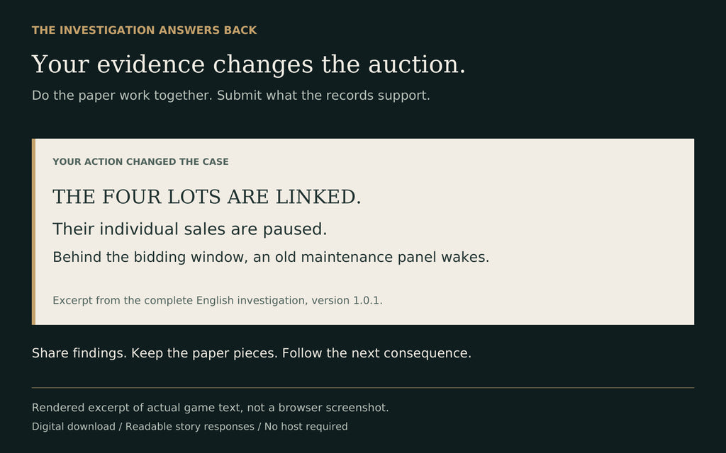 Rendered excerpt of actual version 1.0.1 game response: linked lots pause their individual sales. This is not a browser screenshot.