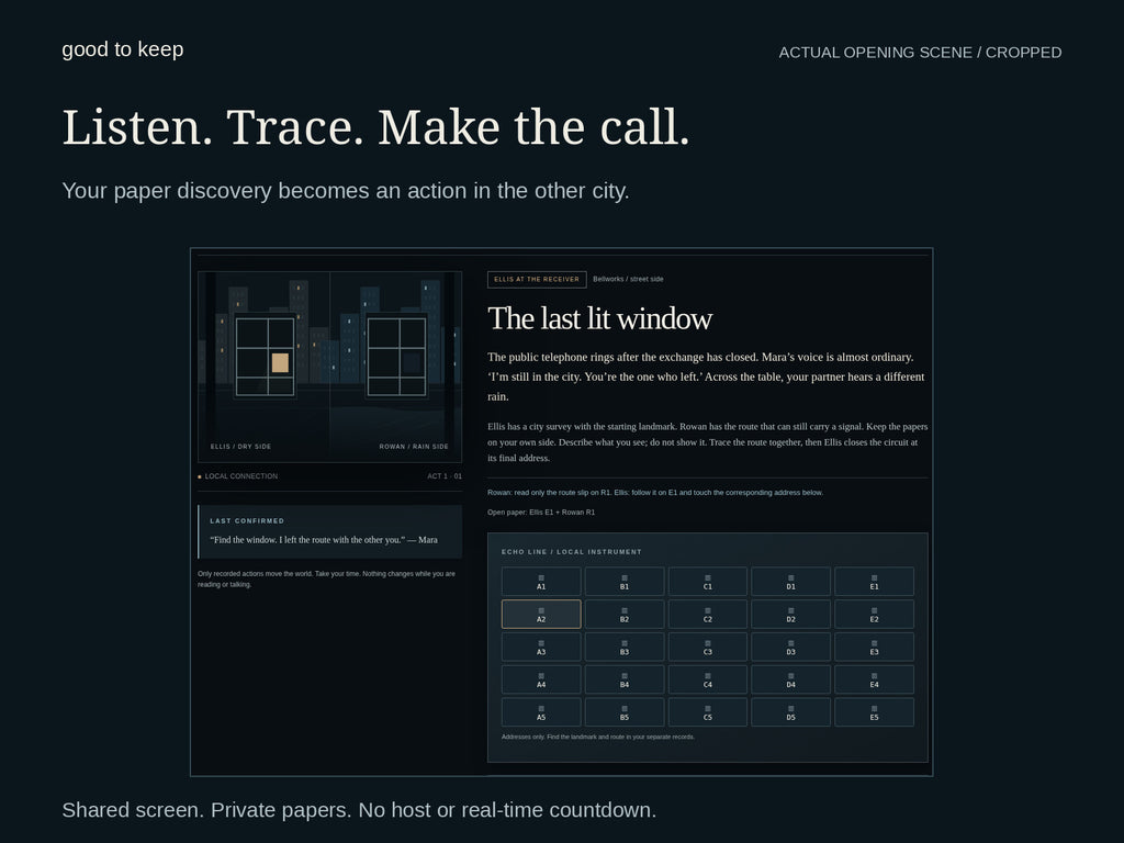 Actual cropped opening scene from Mirrorcity 1.2.0: The last lit window, shared receiver and city address controls. No solution is shown. Screenshot from the supplied game, not an online-play promise.