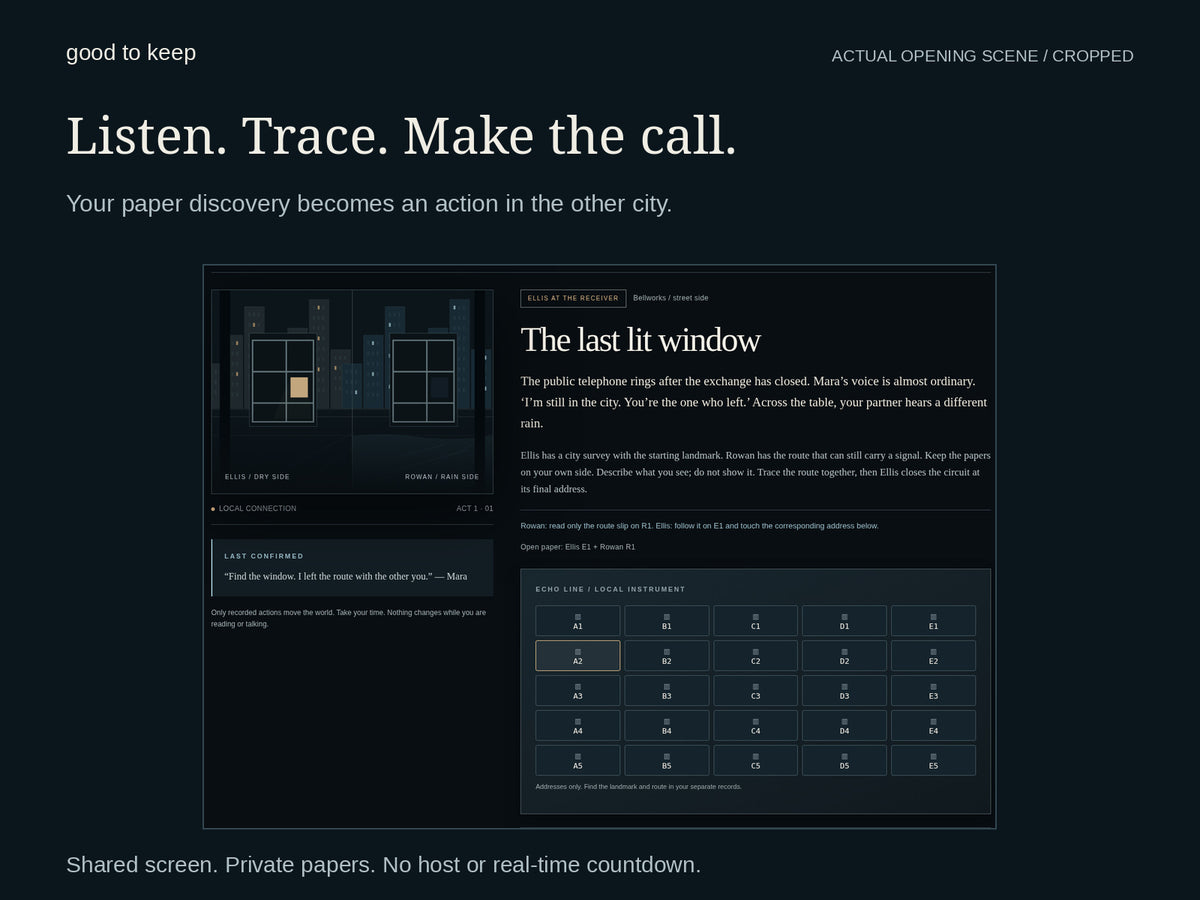 Actual cropped opening scene from Mirrorcity 1.2.0: The last lit window, shared receiver and city address controls. No solution is shown. Screenshot from the supplied game, not an online-play promise.
