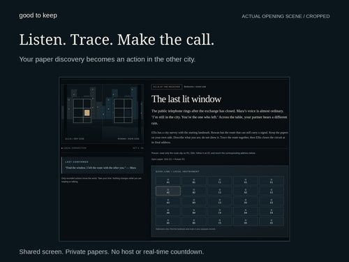 Actual cropped opening scene from Mirrorcity 1.2.0: The last lit window, shared receiver and city address controls. No solution is shown. Screenshot from the supplied game, not an online-play promise.