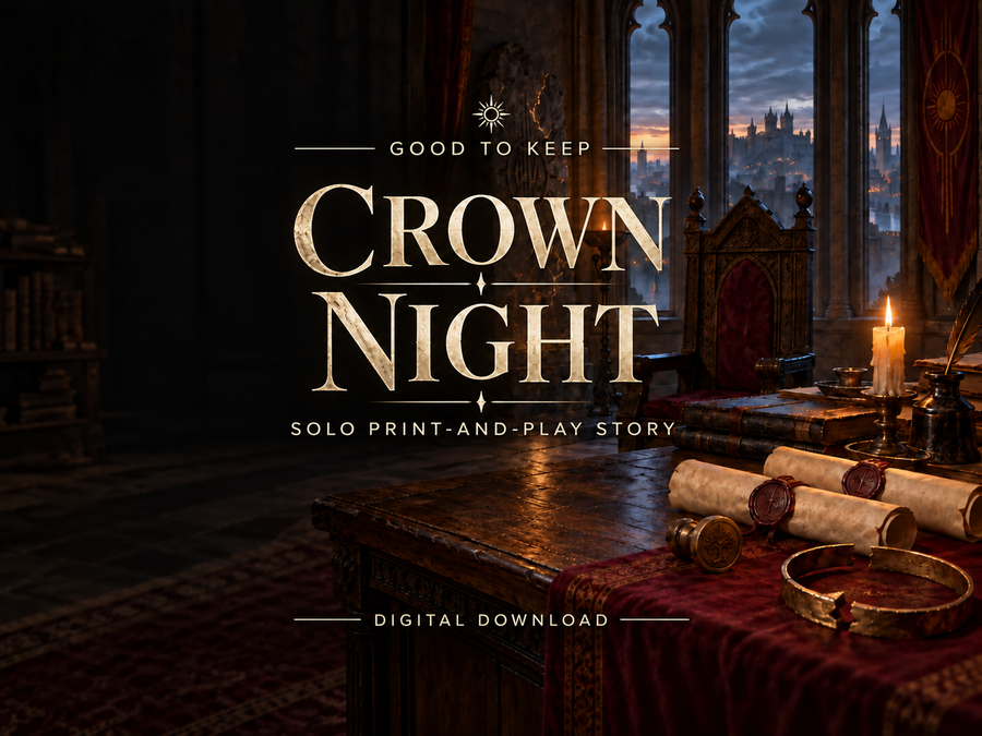 Crown Night: royal seals and a disputed crown in the story’s candlelit office. Digital print-and-play political fantasy; no physical props included.