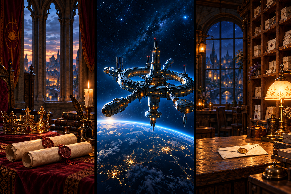 Three distinct fictional story worlds: Crown Night’s royal chamber, Lost Station’s orbital rescue and The Impossible Post Office’s warmly lit counter. Promotional story artwork, not gameplay screenshots.