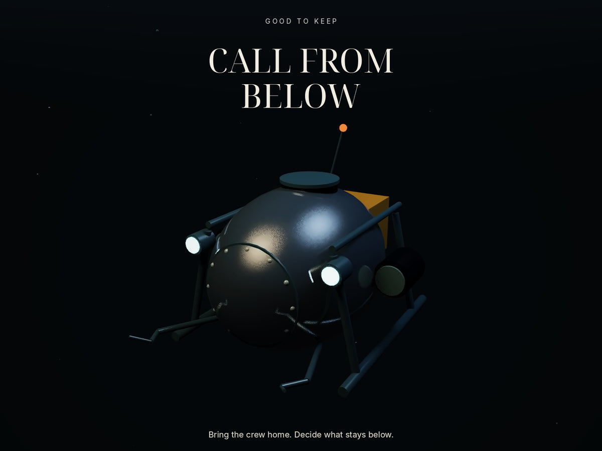 Call From Below — cover illustration of a research submersible in the deep ocean. Story-world artwork, not a gameplay screenshot. Two-player digital print-and-play survival game.