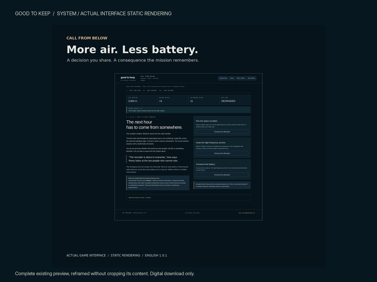 Call From Below — operations interface preview showing resource allocation and changing system conditions.