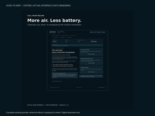 Call From Below — operations interface preview showing resource allocation and changing system conditions.