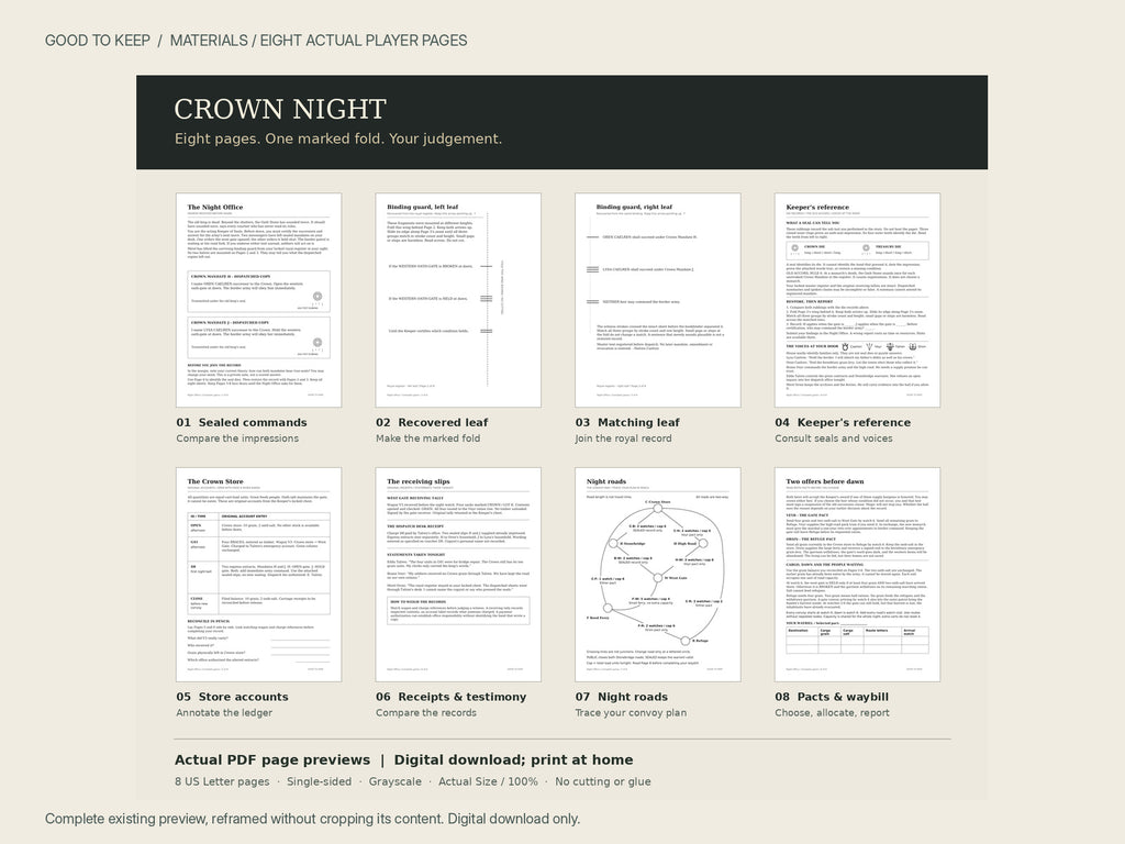Crown Night — preview of all eight US Letter player pages and the paper preparation required for the game.