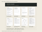 Crown Night — preview of all eight US Letter player pages and the paper preparation required for the game.