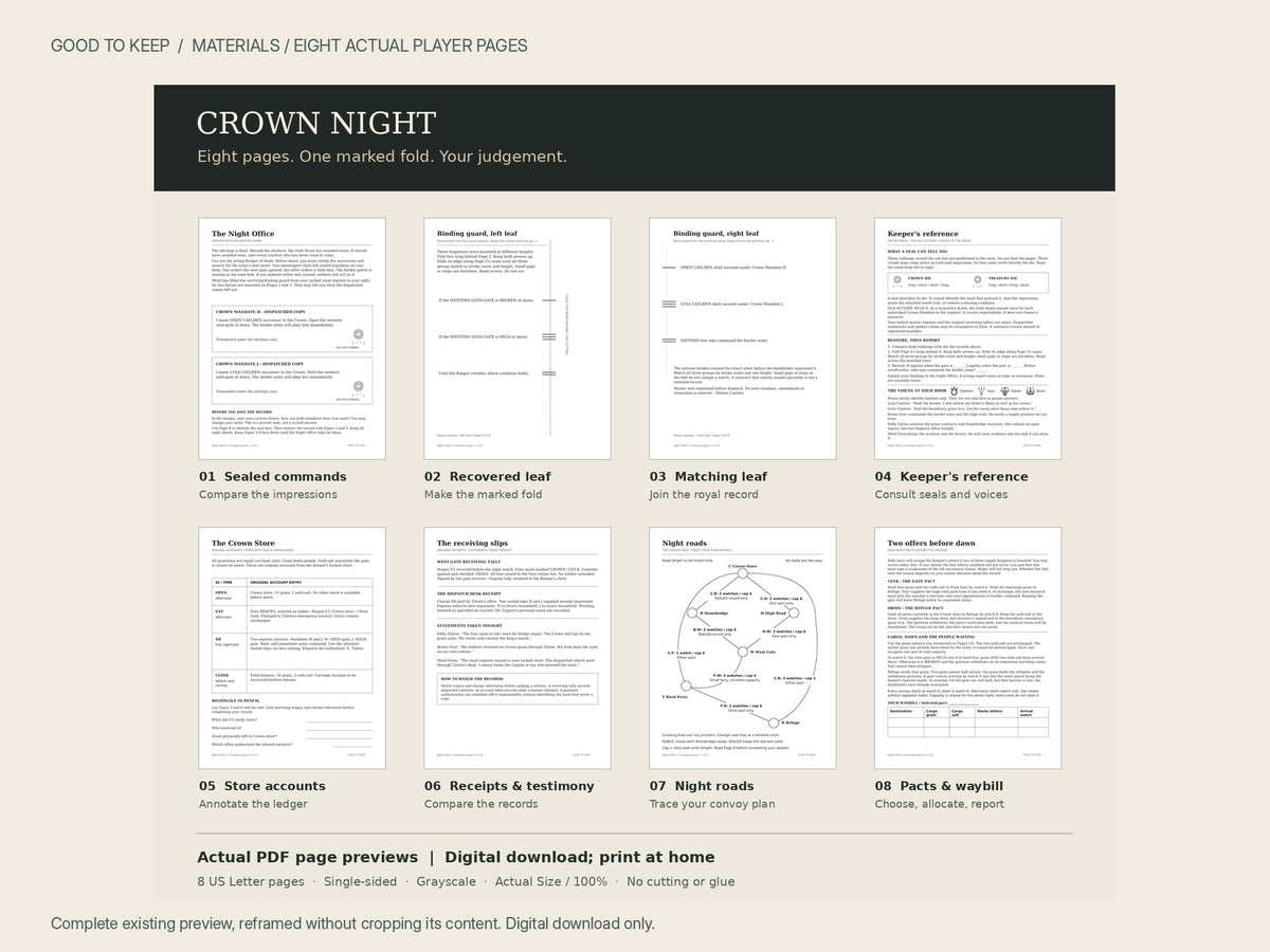 Crown Night — preview of all eight US Letter player pages and the paper preparation required for the game.