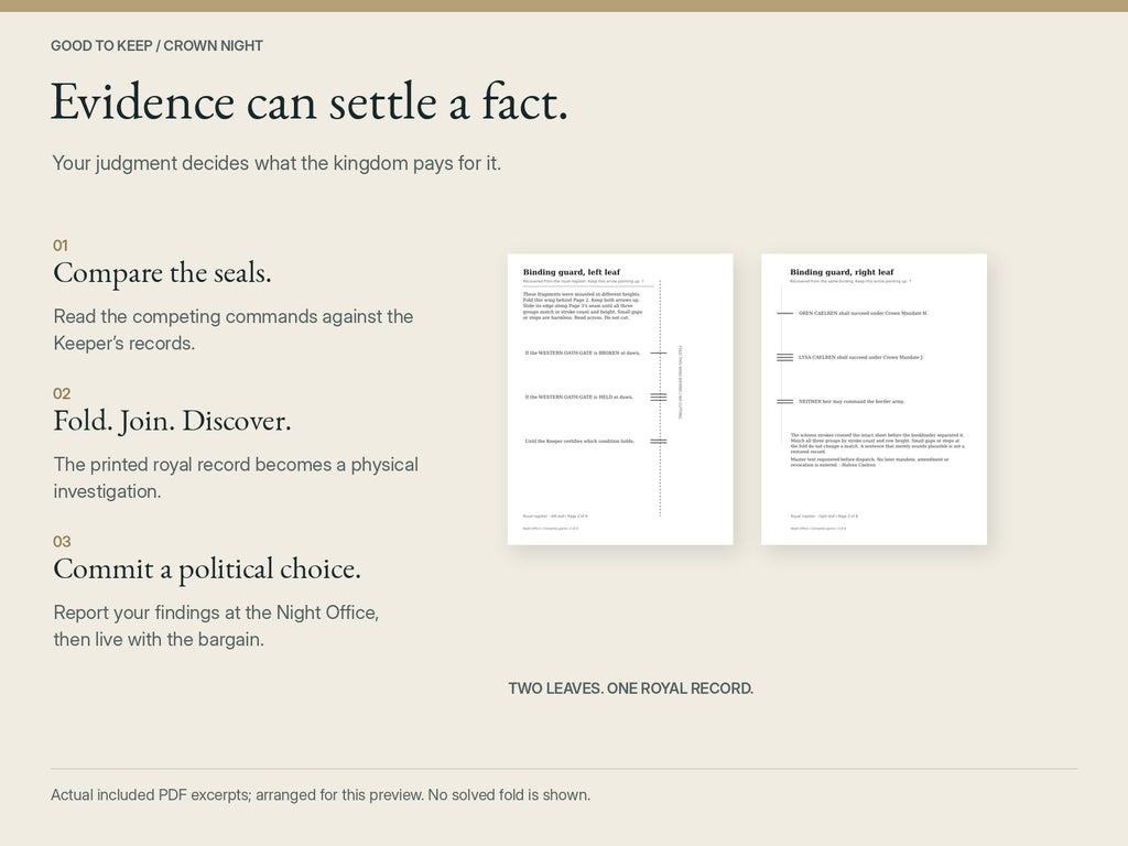 Crown Night — compare seals, fold and join the royal record, then commit a political choice. Actual included PDF leaf excerpts arranged for preview; no solved fold or simulated browser screen.