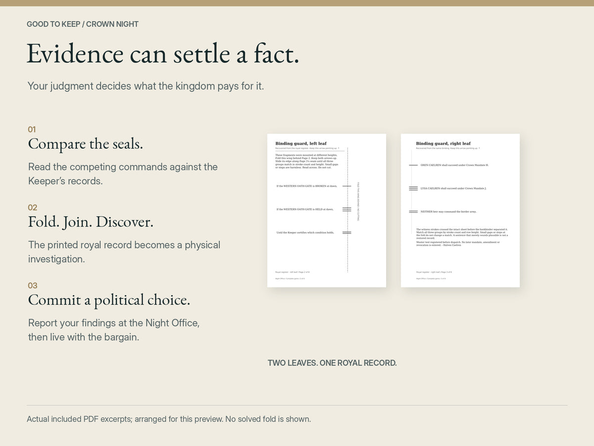 Crown Night — compare seals, fold and join the royal record, then commit a political choice. Actual included PDF leaf excerpts arranged for preview; no solved fold or simulated browser screen.