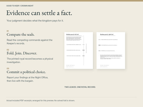 Crown Night — compare seals, fold and join the royal record, then commit a political choice. Actual included PDF leaf excerpts arranged for preview; no solved fold or simulated browser screen.
