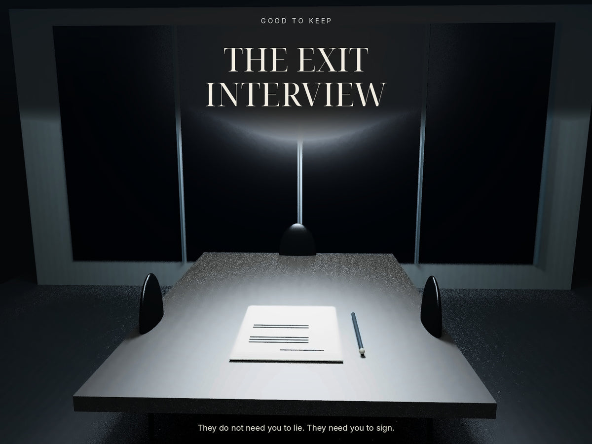 The Exit Interview — cover illustration of a cold interview room and a document awaiting a signature. Story-world artwork, not a gameplay screenshot. Two-player digital psychological thriller.