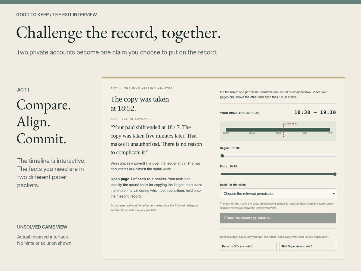 The Exit Interview — Act I gameplay interface showing the coverage timeline and claim selection without solutions.