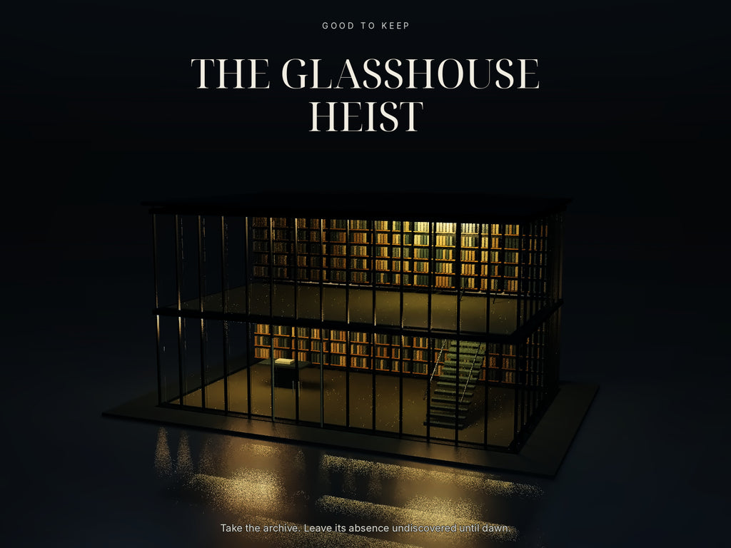 The Glasshouse Heist — architectural cover illustration of the illuminated glass archive and its reflection. Story-world artwork, not a gameplay screenshot. Digital print-and-play game.