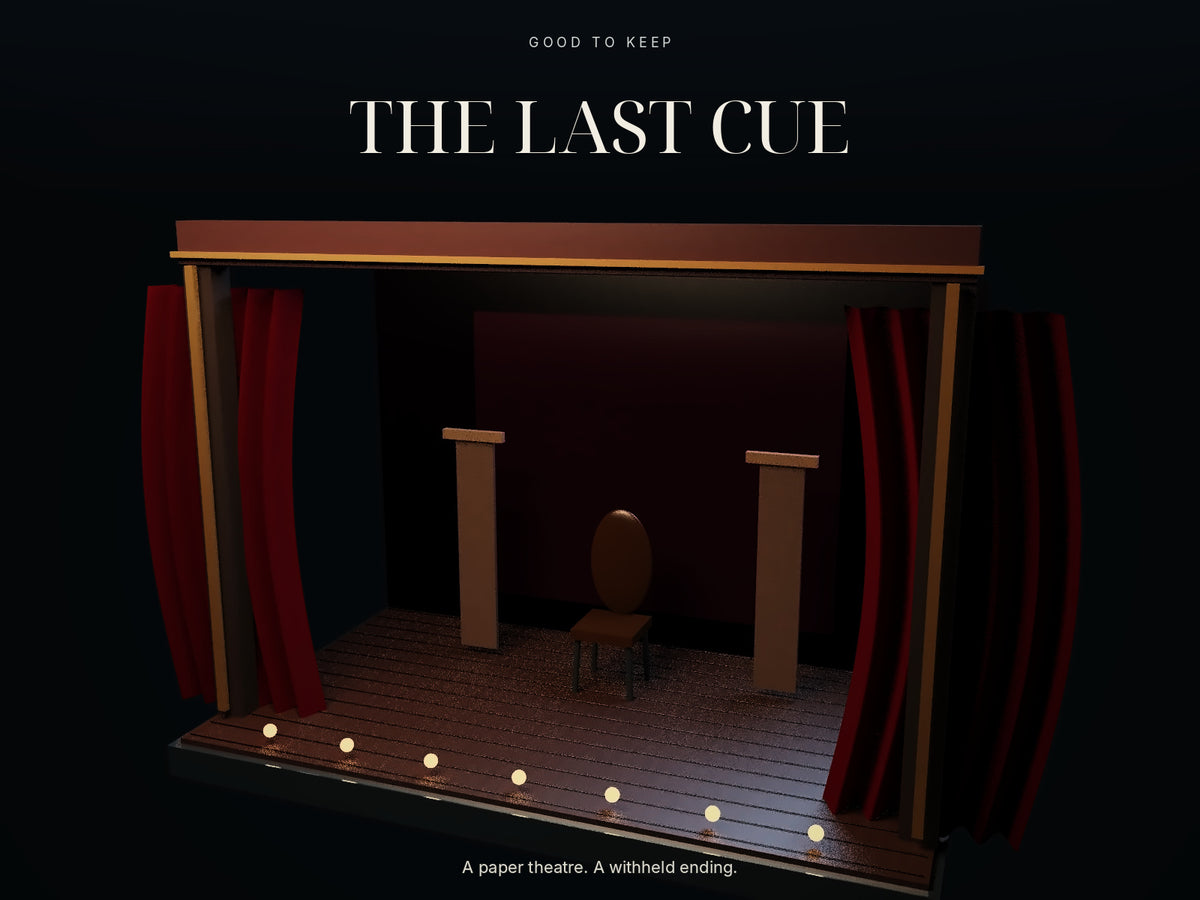 The Last Cue — cover illustration of an empty miniature paper theatre awaiting its final performance. Illustrative artwork, not a gameplay screenshot or a physical kit. Two-player digital print-and-play game.
