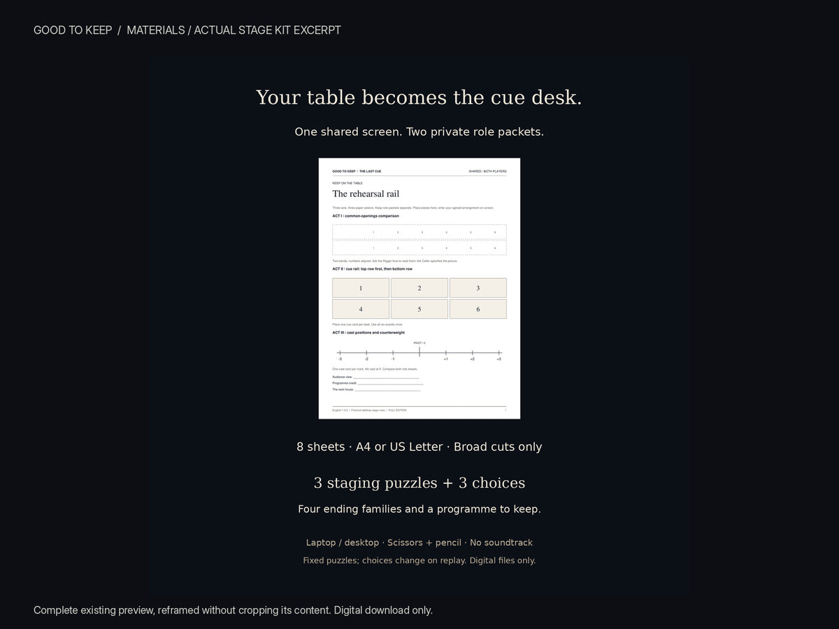 The Last Cue — preview of the included Stage Kit used with the Caller and Rigger role packets.