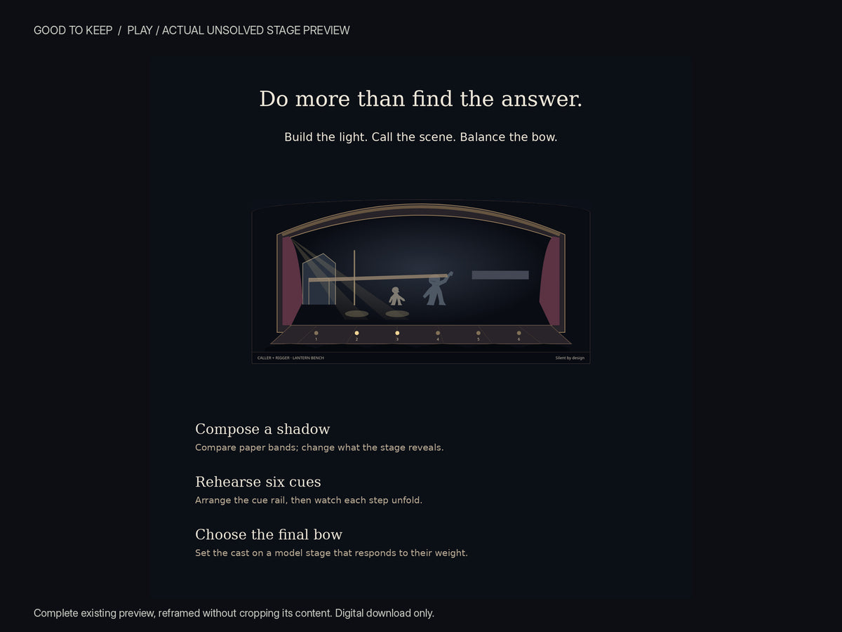 The Last Cue — unsolved stage preview showing the miniature theatre and paper staging challenge.