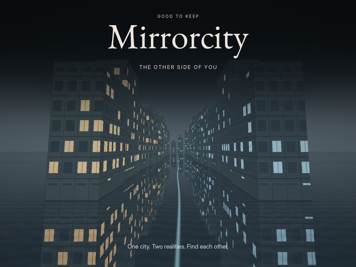 Mirrorcity: The Other Side of You — an original architectural cover illustration of two versions of a city and their conflicting reflections. Story-world artwork, not a gameplay screenshot. Two-player digital print-and-play mystery.