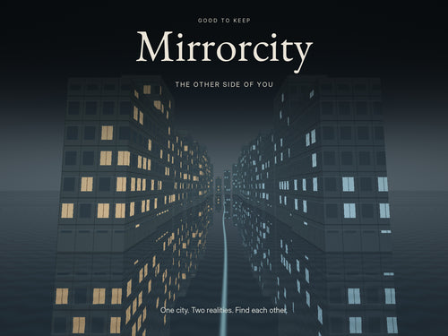 Mirrorcity: The Other Side of You — an original architectural cover illustration of two versions of a city and their conflicting reflections. Story-world artwork, not a gameplay screenshot. Two-player digital print-and-play mystery.