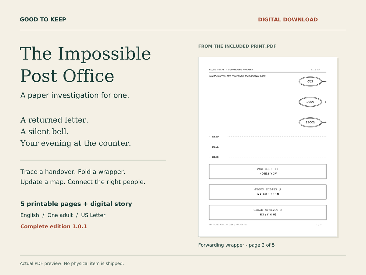 The Impossible Post Office, Complete edition 1.0.1. Actual included forwarding-wrapper PDF page beside the title. English, one adult, five printable US Letter pages and digital story; no physical item is shipped.