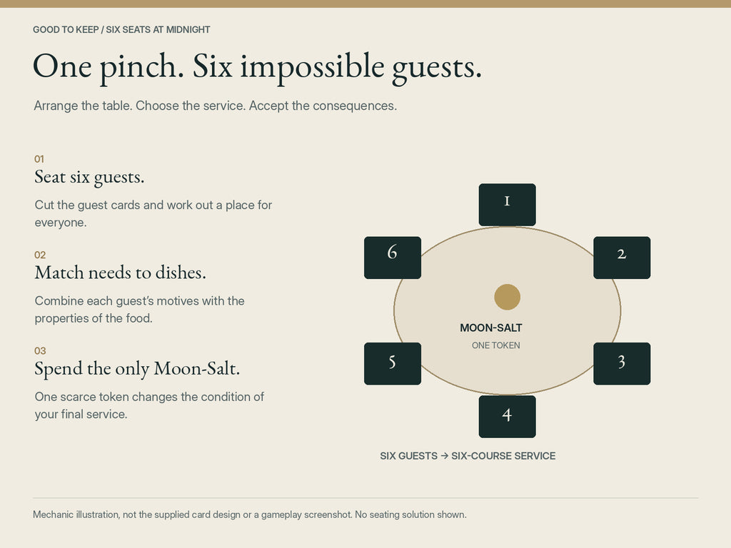 Six Seats at Midnight — diagram explaining six guest placements, dish pairing and the one Moon-Salt token that changes the final service. Clearly labelled mechanic illustration, not actual card art or a gameplay screenshot; no seating solution shown.