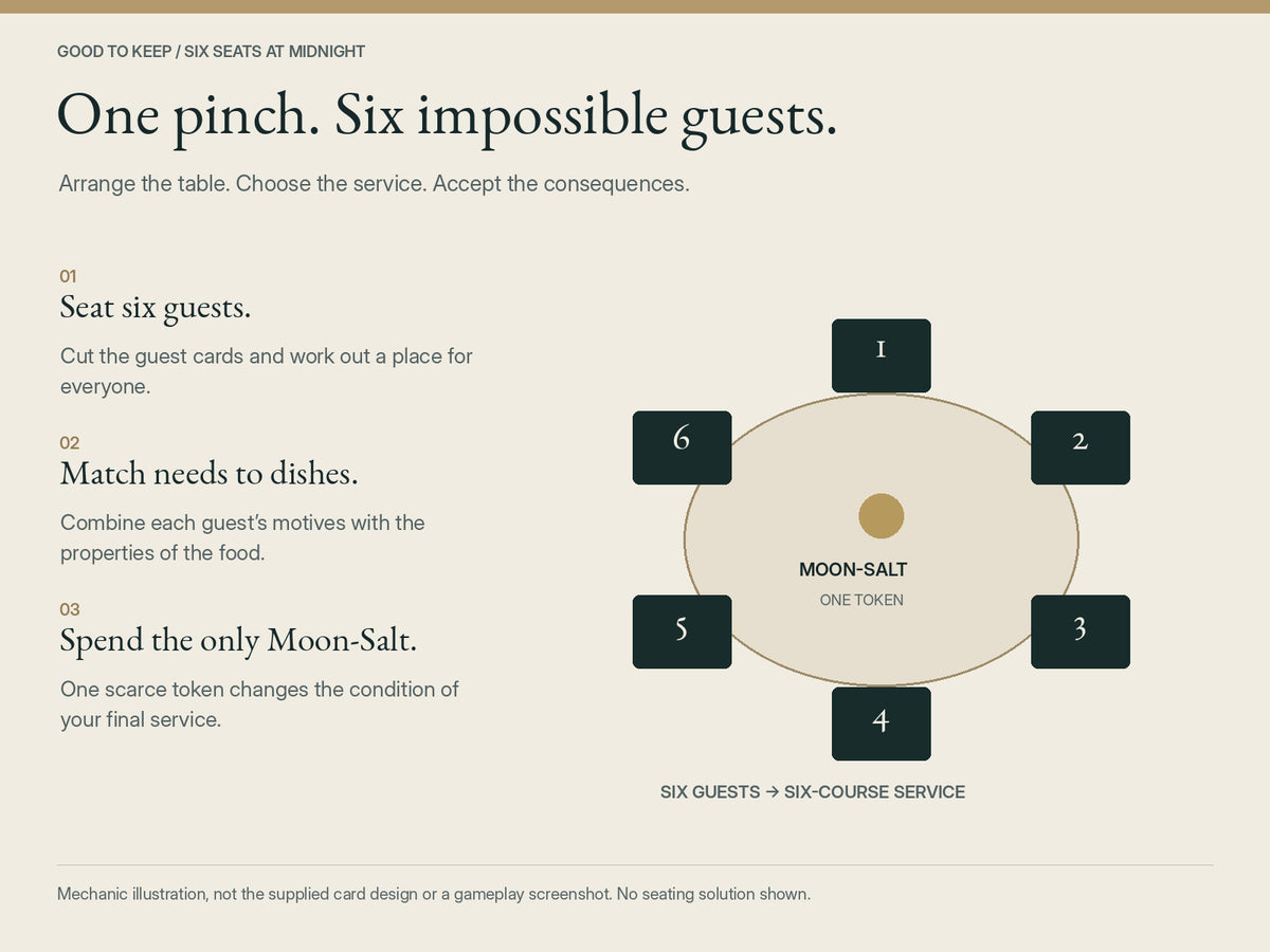 Six Seats at Midnight — diagram explaining six guest placements, dish pairing and the one Moon-Salt token that changes the final service. Clearly labelled mechanic illustration, not actual card art or a gameplay screenshot; no seating solution shown.