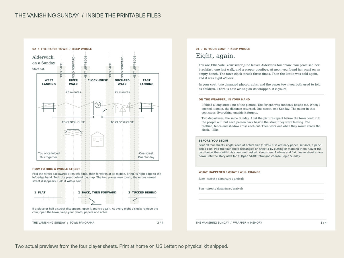 The Vanishing Sunday — the actual paper-town and opening player sheets, shown in full as two previews from the four-page player set. Landscape layout; US Letter digital print-at-home files.