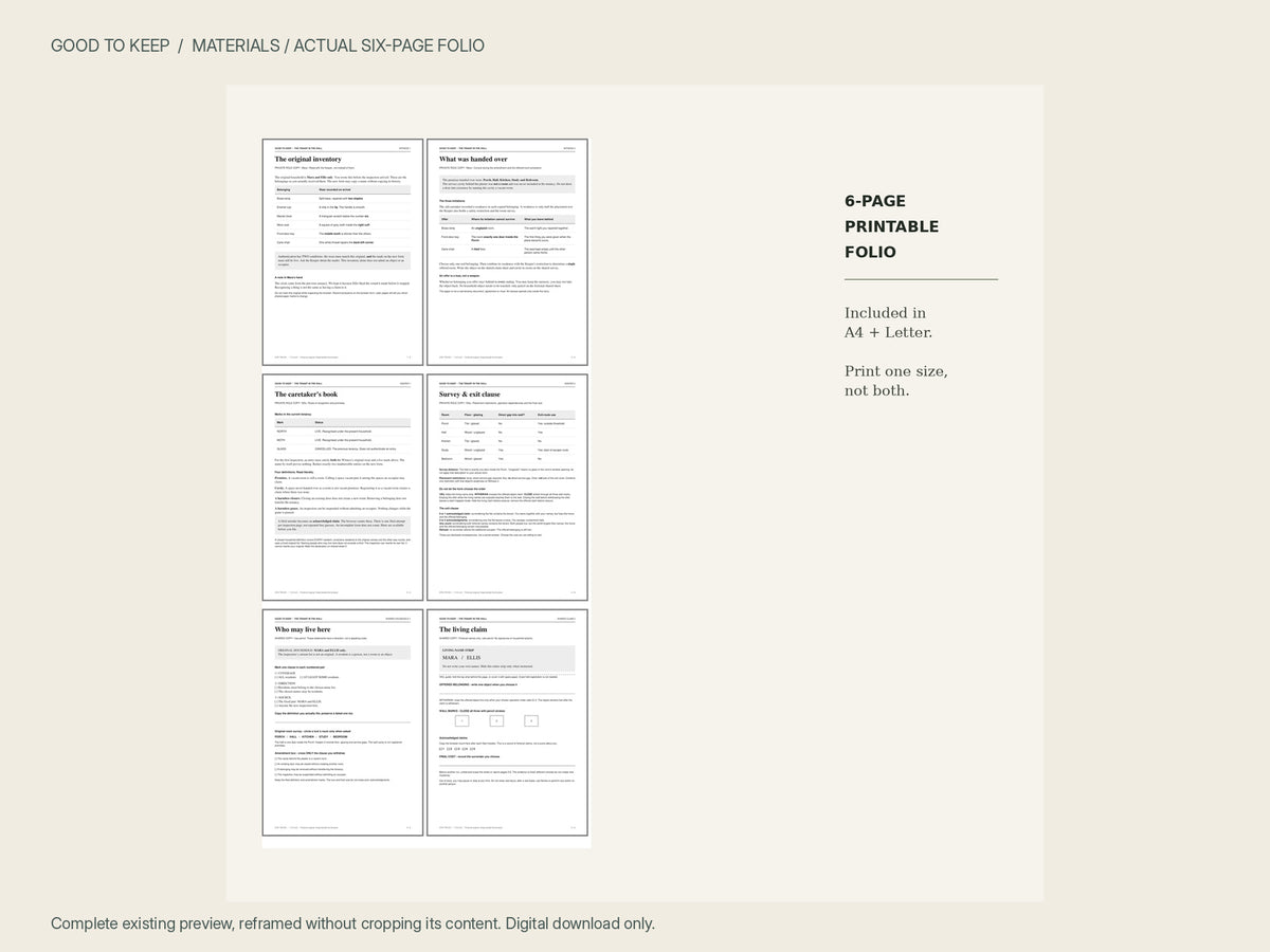 The Tenant in the Wall — preview of the six-page player folio; A4 and US Letter versions are included.
