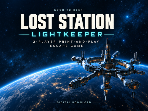 Lost Station: Lightkeeper, an English two-player print-and-play space rescue. Illustrative space scene; digital download with no physical props included.
