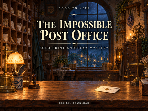 The Impossible Post Office: lamplight, wooden mail slots and a returned letter in a warm story-world illustration. Digital print-and-play game.