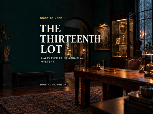 The Thirteenth Lot, a cooperative museum mystery for 2–4 adults. Fictional auction objects and paper evidence; digital download only.