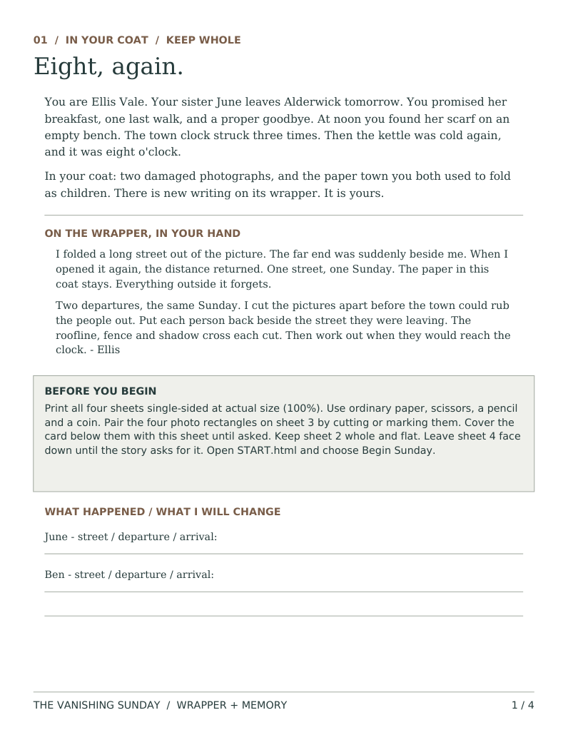 Digital preview of actual player sheet 1 of 4: Eight, again, the story opening, preparation notes and space to record discoveries. Print at home on US Letter.