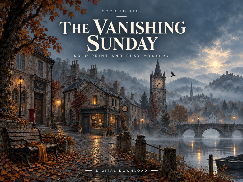 The Vanishing Sunday: an illustrated town caught in a repeating day. A solo digital print-and-play mystery.