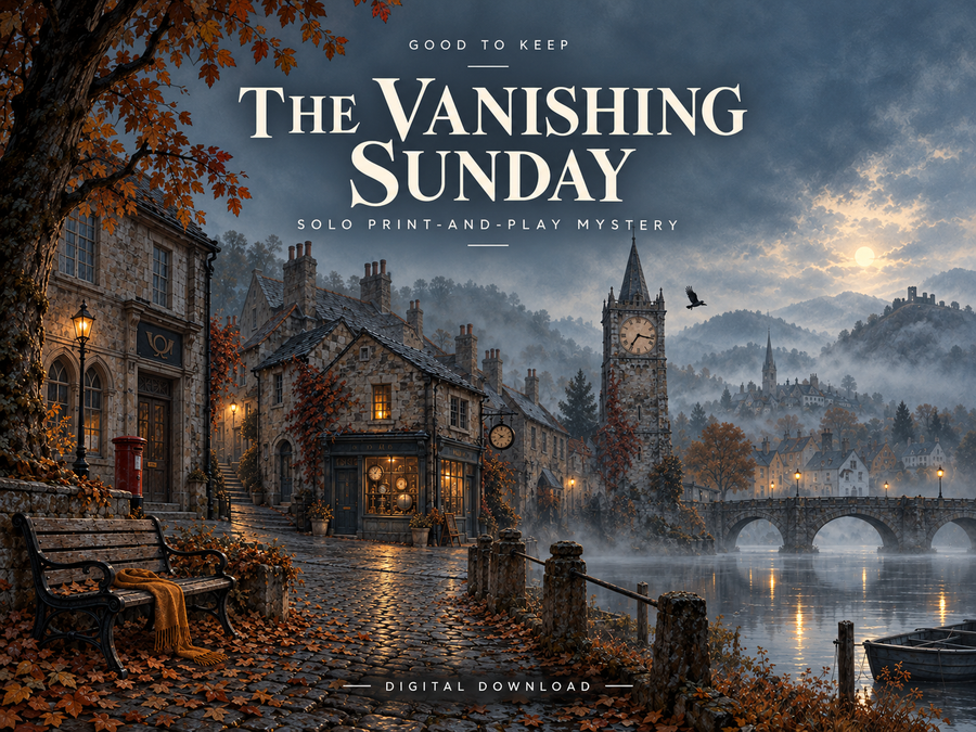 The Vanishing Sunday: an illustrated town caught in a repeating day. A solo digital print-and-play mystery.
